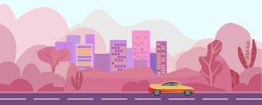 Şehirdeki ekoloji ve sokak yeşilliği. Arabalı yol, yapay zeka değil, elle çizilmiş. Vektör illüstrasyonu