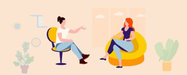 Bir kız penceresi olan bir adamla röportaj yapıyor. Dostça bir sohbet. İç mekan, oda, sarı. Vektör illüstrasyonu.