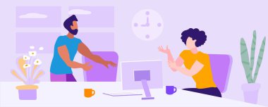 Aile bürosunda. Erkekler duygusal konuşur. Kapalı bitkileri olan bir pencere. Vektör illüstrasyonu