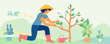 Hasır şapkalı bir bahçıvan ağaç diker. El çizimi, şirin vektör illüstrasyonu