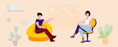 Bir kadın pencereli bir odada bir adamla röportaj yapıyor. Dostça bir sohbet. İç mekan, oda, sarı. Vektör illüstrasyonu.