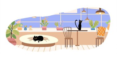 Evdeki evcil kedi ve köpekler. Mutlu evcil hayvanlar düz vektör çizimi. İç mekan. Arkadaşlık, evcil hayvan konsepti sevgisi, web sitesi tasarımı veya web sitesi indirme