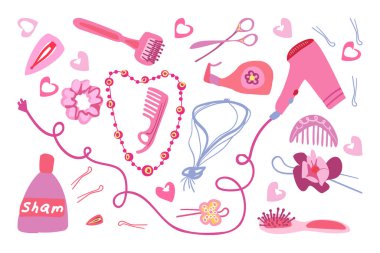 Saç süsleri. Saç bakımı. Şekillendirilmiş illüstrasyon. Çıkartmalar için izole vektör nesneleri, yazdır.