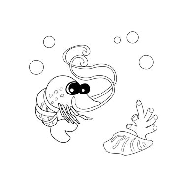 Okyanusta baloncuklu ve yosunlu karides boyama kitabı. Posterler için, giysilerdeki parmak izleri için. Vektör
