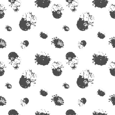 Gri noktaların ve sıçramaların kusursuz deseni. Siyah halkalar ve lekeler. Vektör illüstrasyonu