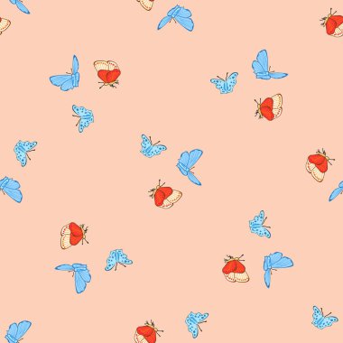 Kusursuz desen. Şeftali arka planında kırmızı ve mavi kelebekler. Vektör illüstrasyonu