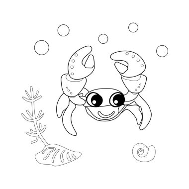 Okyanusta kabuklu, köpüklü ve yosunlu yengeç boyama kitabı. Posterler için, giysilerdeki parmak izleri için. Vektör