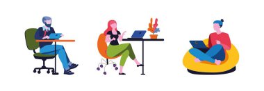 Ofis çalışanları. Mesafeli iş. İş için rahat mobilyalar. Parlak vektör illüstrasyonu.
