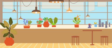 Daire içi, mutfak, yemek odası ve oturma odası. Kapalı kapılar, rahat evler. Vektör illüstrasyonu.