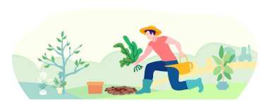 Hasır şapkalı bir bahçıvan bitki diker. El çizimi, şirin vektör illüstrasyonu