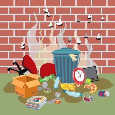 Tuğla bir duvarın yanında ayrışmamış atıklar olan çöp kutusu. Çimlerin üzerinde organik ve endüstriyel atıklarla dolu kirli su birikintisi. Vektör illüstrasyonu