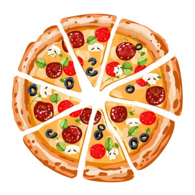 Domatesli ve sosisli pizza. İtalyan biberli pizza, zeytin ve salata. Vektör illüstrasyonu.