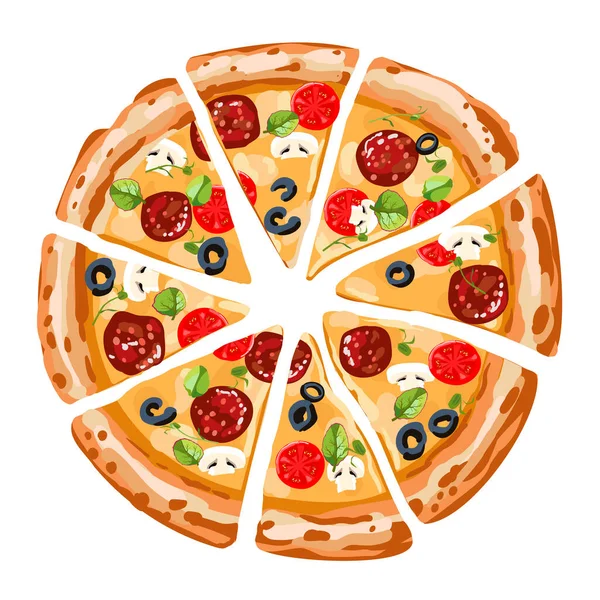 Domatesli ve sosisli pizza. İtalyan biberli pizza, zeytin ve salata. Vektör illüstrasyonu.