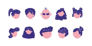 Saç stili olan kafalar. Görseller modern minimalist tarzda. Vektör illüstrasyonu.