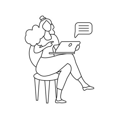 Çevrimiçi öğrenme. Bir kızın silueti. Bir kadın sandalyeye oturur ve dizüstü bilgisayarda çalışır. Vektör doğrusal illüstrasyon.