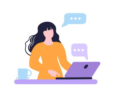 Çevrimiçi öğrenme. Evde eğitim ve işyeri. Kız dizüstü bilgisayardan mesaj atıyor. Pencere diyaloğu. Düz vektör illüstrasyonu