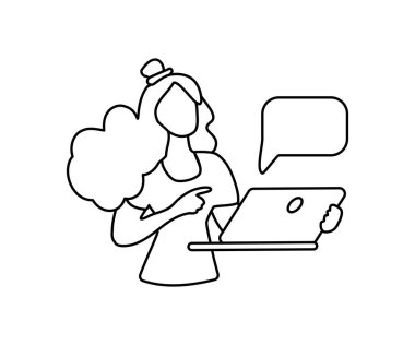 Kız elinde bir dizüstü bilgisayar tutuyor. Bir kadının doğrusal avatarı. İş kadını. Düz vektör illüstrasyonu