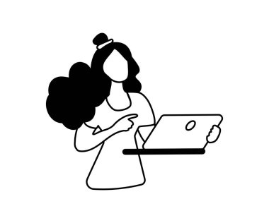 Kız elinde bir dizüstü bilgisayar tutuyor. Bir kadının doğrusal avatarı. İş kadını. Düz vektör illüstrasyonu