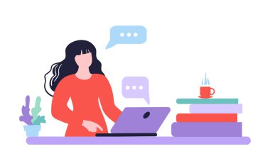 Evde eğitim ve işyeri. Kız dizüstü bilgisayardan mesaj atıyor. Çevrimiçi öğrenme. Pencere diyaloğu. Doğrusal vektör çizimi