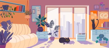 Evcil hayvanlar ve beyaz koltuklarla iç içe. Kara kediler ahşap zemindeki parlak bir odada oynarlar. Kitaplı raflar ve kapalı alandaki bitkiler. Vektör illüstrasyonu