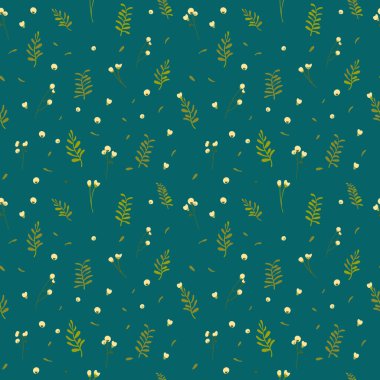 Botanik desensiz el çizimi. Bitkilerle birlikte koyu turkuaz arka plan. Minimalist tarzda. Vektör illüstrasyonu.
