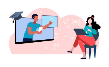 Çevrimiçi öğrenme. Erkek öğretmen yetişkin kız öğrencilere ders veriyor. Uzaktan çalışan bir profesör. Minimalizm. Doğrusal vektör çizimi.