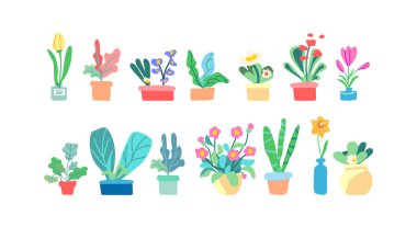 Bahar çiçekleri ve çömlekteki yaprakları toplayın. Çiçek açan bitkiler. Çiçekler ve yapraklar. Beyaz arkaplanda düz grafik vektör çizimi. Renkli el çizimi illüstrasyon