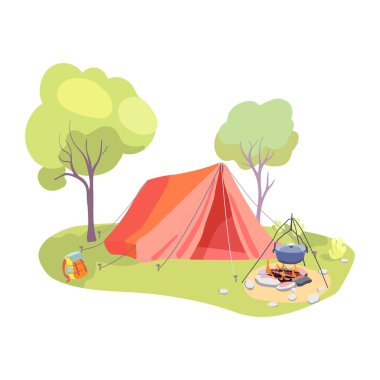Macera turizmi, çadır, şenlik ateşi ve yakacak odunları olan orman turistik kampı, çalı çırpı ve sırt çantası. Etrafı ağaçlarla çevrili. Vektör illüstrasyonu.