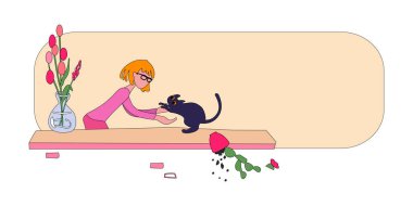 Genç bir kadın pencere eşiğinden bir kedi aldı. Kedi yavrusu bir saksı düşürdü. Poster yerine evcil hayvan ve insan arasındaki aşk ve arkadaşlık sahnesi. Düz vektör illüstrasyonu