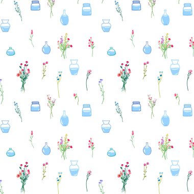 Cam vazolarda bahar çiçekleri, kusursuz desenler. Kırılgan çiçek sapları ve dalları, tekrar eden izler. Yaz çiçekleri. Sarma, tekstil, kumaş ve duvar kağıtları için sonsuz bir arka plan. El.