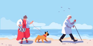Yaşlı bir adam ve kumsalda köpeğiyle kırmızılı şişman bir kadın. Deniz tatil beldesinde plaj sahnesi. Yaz tatili. Bulutlu ve okyanus kıyılı bir gökyüzü. Maldivler gevşeyin, dinlenin ve dinlenin. Renkli vektör