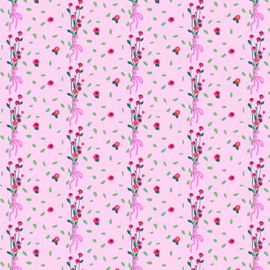 Pembe, pürüzsüz desen ve kır çiçekleri. Geçmişe dönük bahar çiçekleri. Duvar kağıdı ve buketli kumaş için dekore edilmiş. Çarşaf, kumaş ve giysi için. Vektör illüstrasyonu