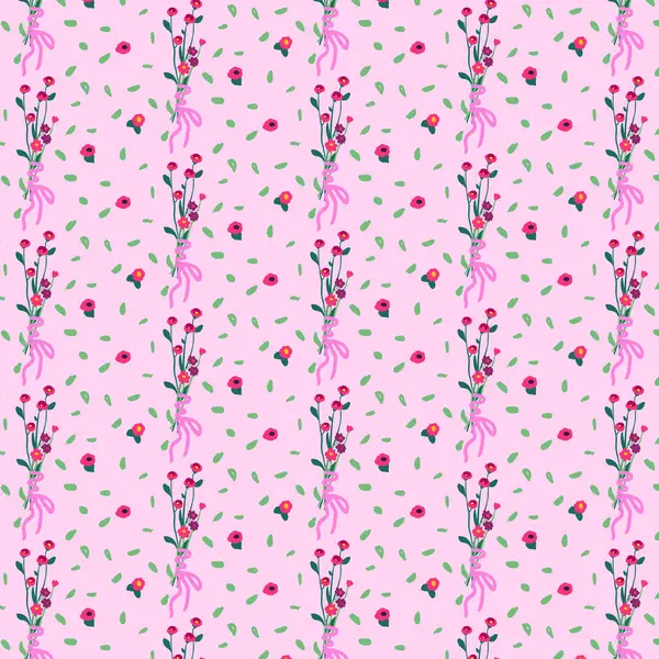 Pembe, pürüzsüz desen ve kır çiçekleri. Geçmişe dönük bahar çiçekleri. Duvar kağıdı ve buketli kumaş için dekore edilmiş. Çarşaf, kumaş ve giysi için. Vektör illüstrasyonu
