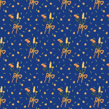 Mavi, pürüzsüz desenli, kır çiçekli. Geçmişe dönük sonbahar çiçekleri. Duvar kağıdı ve buketli kumaş için dekore edilmiş. Çarşaf, kumaş ve giysi için. Vektör illüstrasyonu