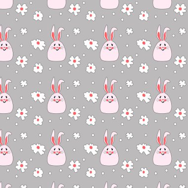 Çocuk ürünleri için pembe tavşanlı kusursuz desen. Bebek kıyafetleri için sevimli tavşanlar. Yazdırma, kumaş ve tekstil için düz vektör çizimi.