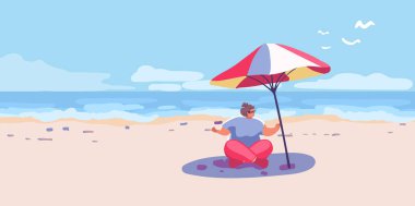 Şişman kadın okyanus kıyısında renkli bir plaj şemsiyesinin altında nilüfer pozisyonunda oturuyor. Yaşam tarzı ve kendini kabullenme. Komik karakter kızı. Vektör illüstrasyonu.