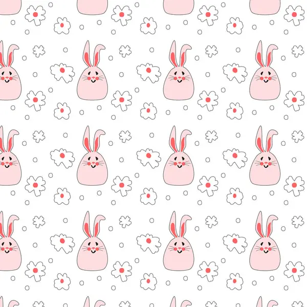 Безшовний Візерунок Рожевими Кроликами Квітами Пасхальні Кролики Друку Дитячих Виробах — стоковий вектор