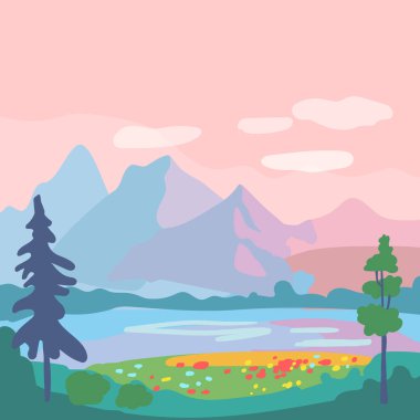 Bir dağ manzarası ve orman temizliği olan bir yaz meydanı posteri. Yeşil ağaçlar ve kırmızı çiçekli çayırlar. Gün batımı, bulutlu pembe gökyüzü. Poster, web sayfası, metin ya da afiş için şablon. Vektör