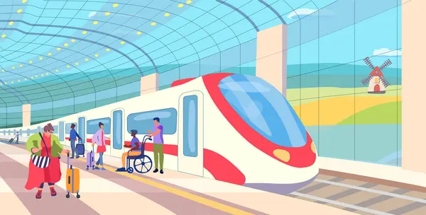 Yeraltı metro istasyonu. Yolcularla dolu açık bir platformda tren. İnsani içerikli. Bavullu tombul bir bayan. Tarlalarda bir değirmenle manzara. Vektör posteri