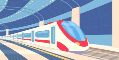 Demiryolu. Metro istasyonu. Gece Treni. Boş bir platformda yolcu vagonları. Yolculuk için nakil. Trenin platformdan kalkması. Vektör illüstrasyonu