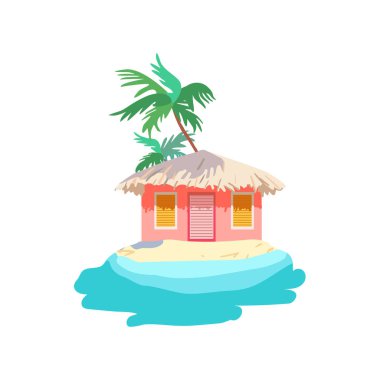 İzole edilmiş pembe bungalov sazdan çatı Sarı kum palmiye kıyısı Tatil deniz vektörü düz vektör baskısı poster posteri