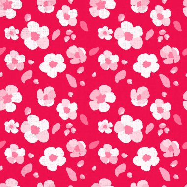 Kusursuz desenli geleneksel sakura çiçekleri kırmızı arkaplan el çizimi Halkın beyaz taç yaprakları yeşil papatya parlak süs taşıyıcısı düz illüstrasyon