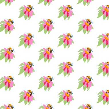 Spring seamless pattern rows cute pink peonies bee white Summer template Plant wildflower peony ditsy ornament wrapping fabric wallpaper textile mosaic vector clipart