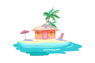 İzole edilmiş pembe bungalov sazdan çatı Sarı kum, tropikal palmiye, sahil, sahil, şemsiye, deniz, düz vektör baskısı poster, duvar kağıdı.
