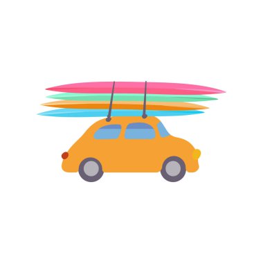 İzole edilmiş şirin sarı retro araba. 4 renkli sörf tahtası. Kırmızı valizler. Tatil gezisi.