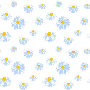 Şirin çayır papatyalarının bahar desensiz desenleri beyaz yaz şablonu açan yaban çiçeği hendeksi süslemesi kumaş duvar kağıdı tekstil mozaik vektörü.