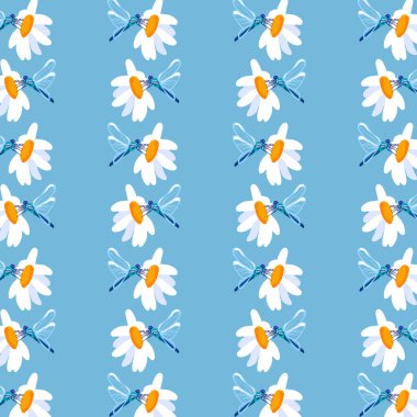 Yaz arkaplanlı papatya sineği Mavi pürüzsüz yay desenli beyaz çayır çiçeği süsü kumaş kaplama kumaş duvar kâğıdı, cambrik muslin mozaik.