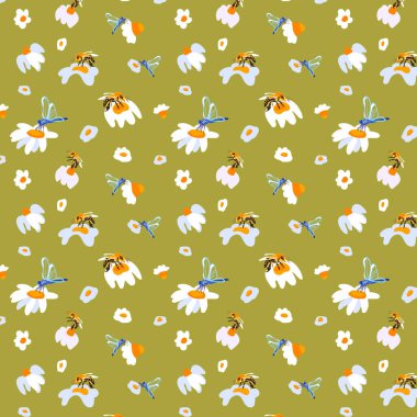 Yaz arkaplanı papatyalar. Arı yusufçuğu. Yeşil desensiz bahar çiçeği. Çimen çiçeği.