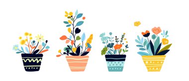 Kaprisli saksı bitkilerinin ve çiçeklerin parlak, canlı renklerde olduğu büyüleyici bir vektör illüstrasyonu. Bahar tasarımları, tebrik kartları ve ev dekorasyonu için mükemmel. Taze ve neşeli bir hava yakalar..