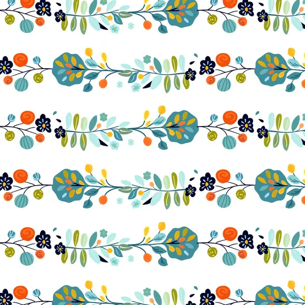 stock vector Seamless pattern featuring horizontal stripes of decorative plants, flowers, and trees in folk art style on a white background. Ideal for textiles, wallpapers, and spring designs. Incorporates vibrant